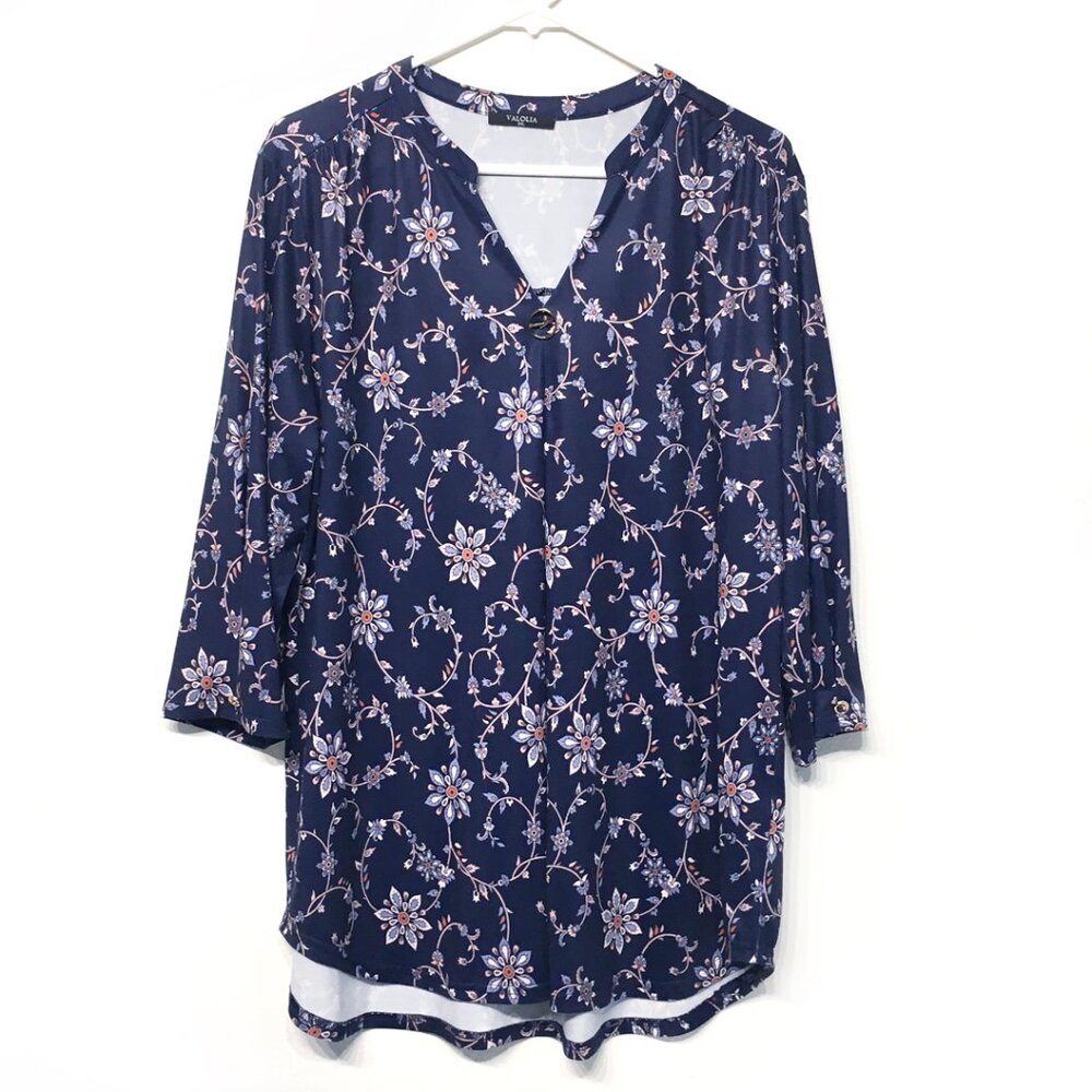 Valolia Women's Navy-Blue Floral Blouse Size XXL